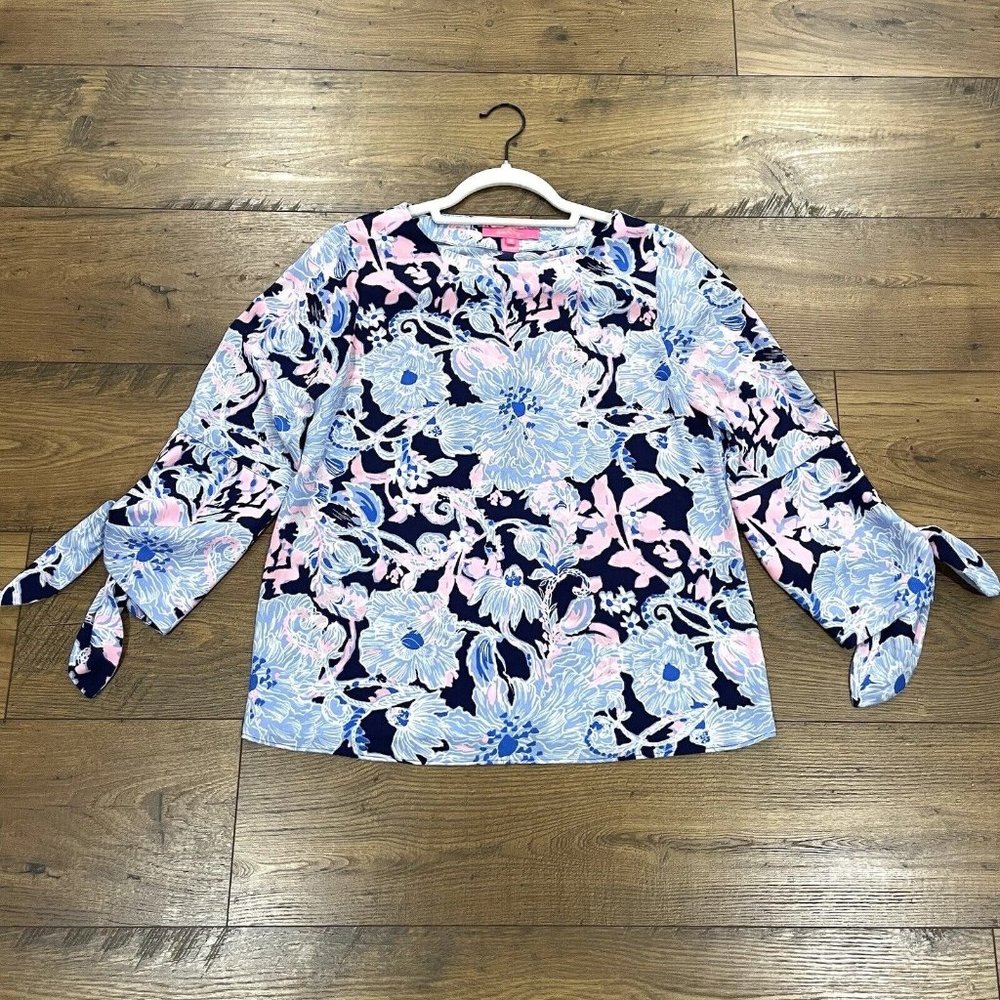 Lilly Pulitzer Top Womens XS Langston Amore Please Blouse Blue Pink‎ Tie Sleeve